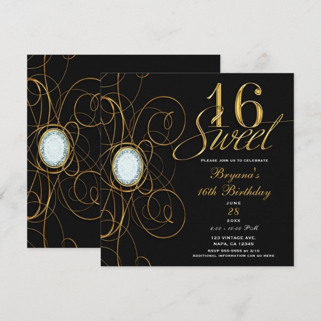 Invitation Anniversaire Sweet 16 Diamant Noir & Or (Devant / Derrière)