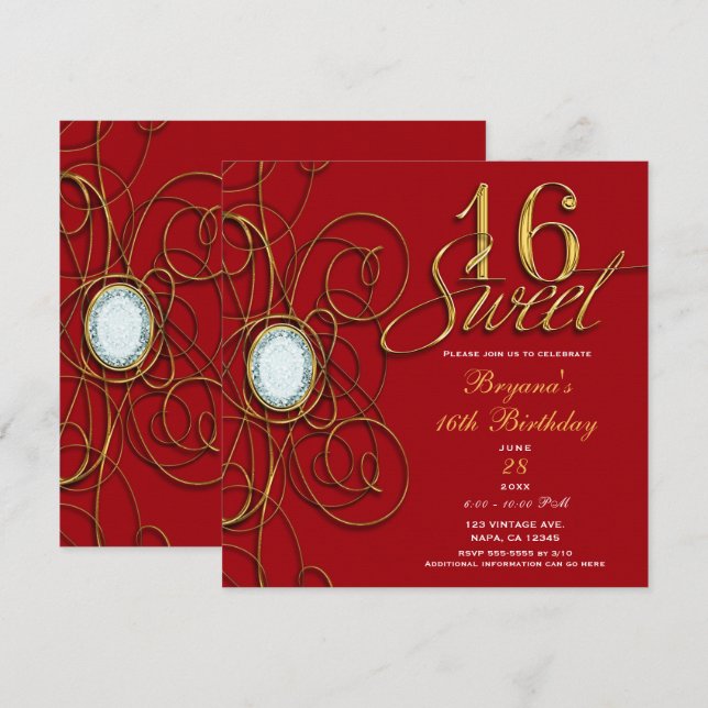 Invitation Anniversaire Sweet 16 Diamant Rouge & Or (Devant / Derrière)