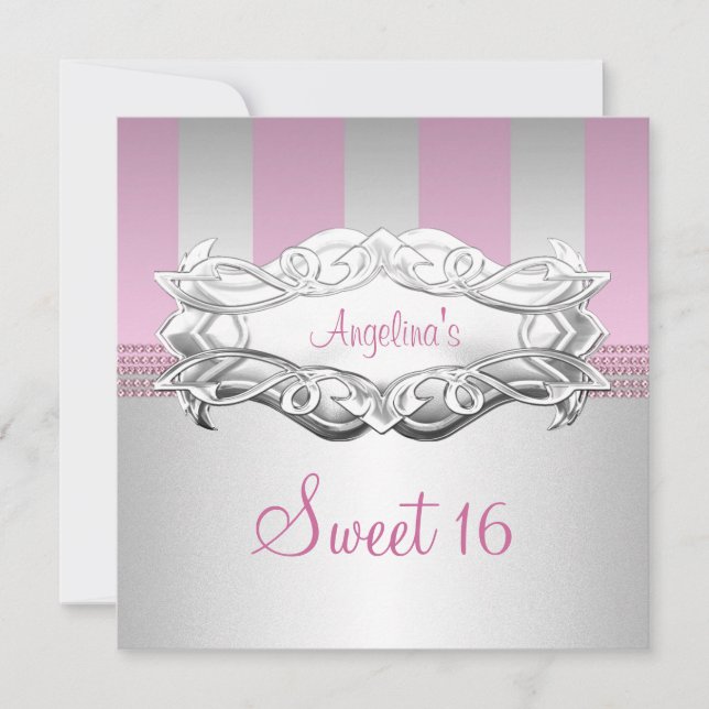 Invitation Anniversaire Sweet 16 Élégant Blanc Rayure Rose (Devant)