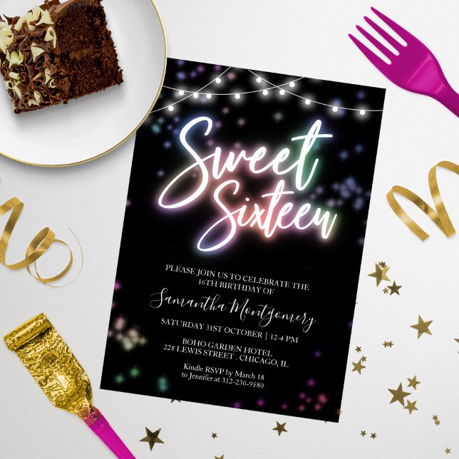 Invitation Anniversaire Sweet 16 Fête Colorée Néon (Créateur téléchargé)