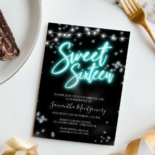 Invitation Anniversaire Sweet 16 Fête Sombre Néon Teal Lumine