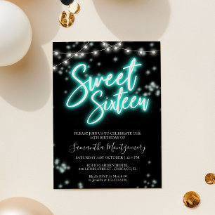 Invitation Anniversaire Sweet 16 Fête Sombre Néon Teal Lumine