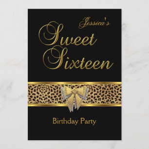 Invitation Anniversaire Sweet 16 Or Noir Léopard noeud