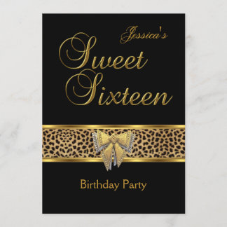 Invitation Anniversaire Sweet 16 Or Noir Léopard noeud