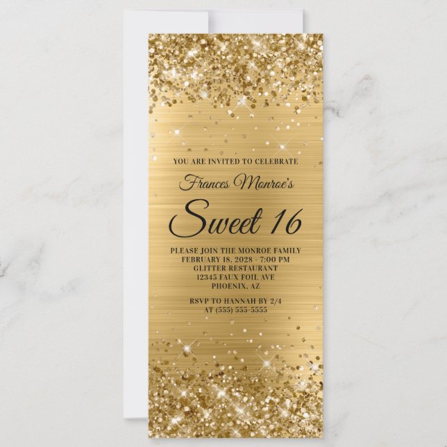 Invitation Anniversaire Sweet 16 Pailleté Or Feuille (Devant)