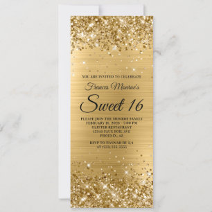 Invitation Anniversaire Sweet 16 Pailleté Or Feuille