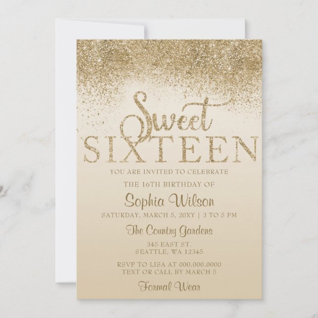 Invitation Anniversaire Sweet 16 Paillettes Étincelles Or (Devant)