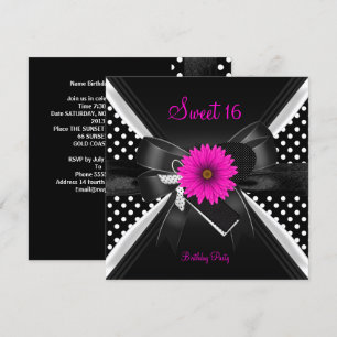 Invitation Anniversaire Sweet 16 pois Noir Blanc Rose