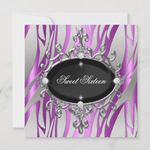 Invitation Anniversaire Sweet 16 Rose Violet Zèbre Rayure Noi
