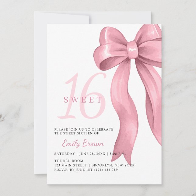 Invitation Anniversaire Sweet 16 Ruban Rose (Devant)
