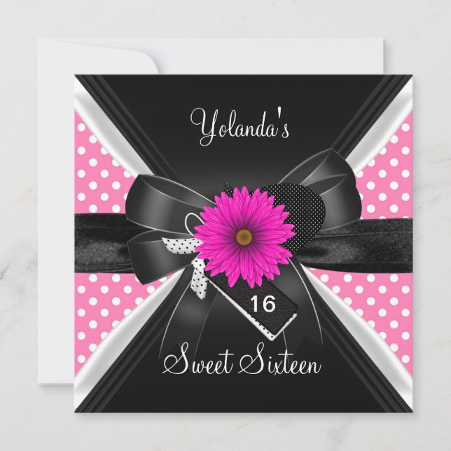 Invitation Anniversaire Sweet 16 Tacheté Noir Blanc Rose (Devant)