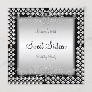 Invitation Anniversaire Sweet Sixteen 16 16ème Argent Noir