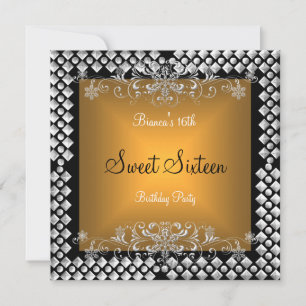 Invitation Anniversaire Sweet Sixteen 16 16ème Or Argent Noir