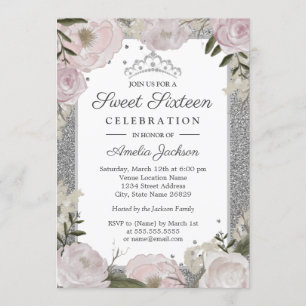 Invitation Anniversaire Sweet Sixteen paillettes rose argent