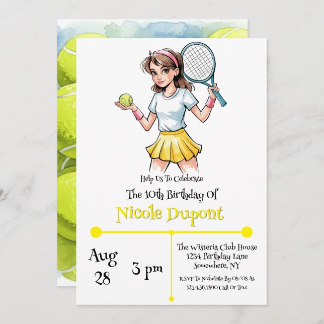 Invitation Anniversaire Tennis Ball Girl Celebration (Devant / Derrière)