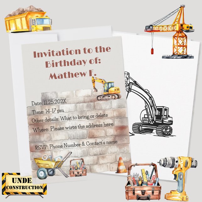 Invitation Anniversaire Terreux sur le thème de la Constructi (Watercolor Construction themed birthday invitation, personalized & custom. Multilingual Project)