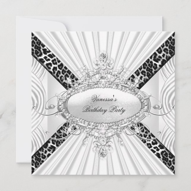 Invitation Anniversaire Thème Diamant Noir et Léopard Blanc (Devant)