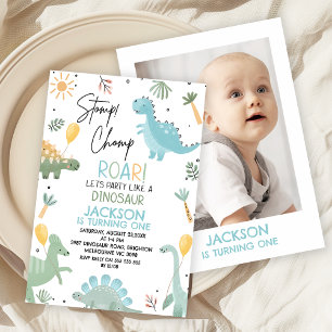 Invitation Anniversaire Thème Dinosaure Photo Bleu Vert Migno