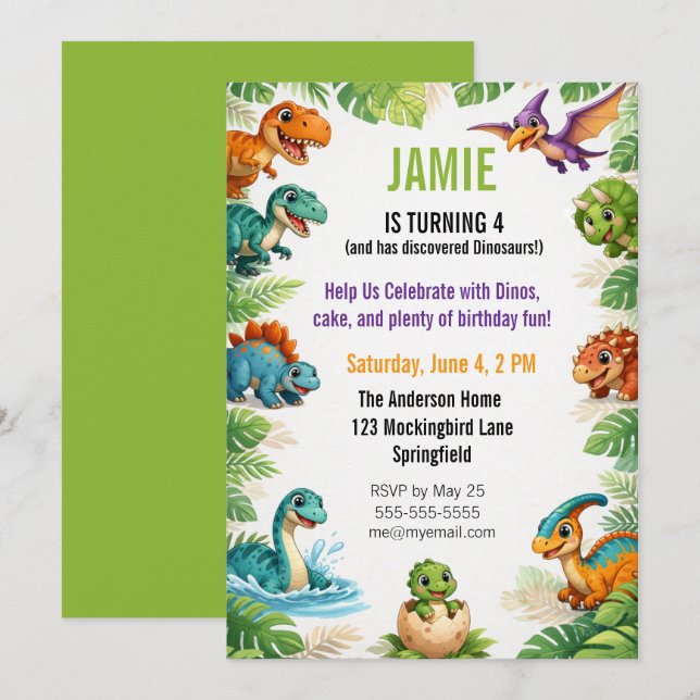 Invitation Anniversaire Thème Dinosaure pour Enfants (Devant / Derrière)