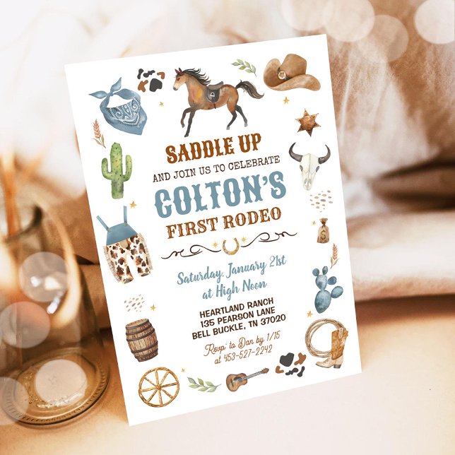 Invitation Anniversaire Thème Far West 1er Rodéo Cowboy Bleu (Créateur téléchargé)