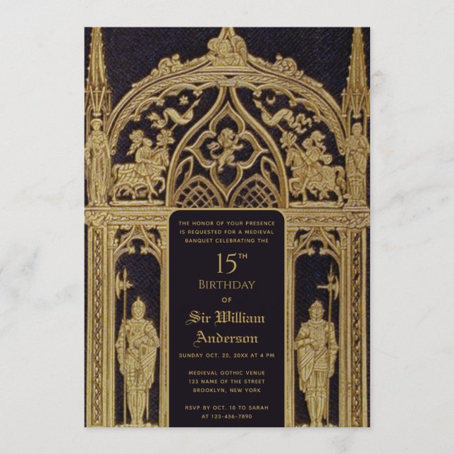 Invitation Anniversaire Thème Médiéval Chevalier Noir Or Goth (Devant)