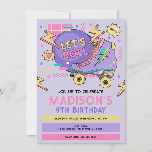 Invitation Anniversaire Thème Rétro Roller Skate 80s 90s (Devant)