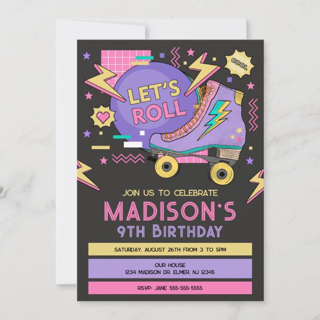 Invitation Anniversaire Thème Rétro Roller Skate 80s 90s (Devant)