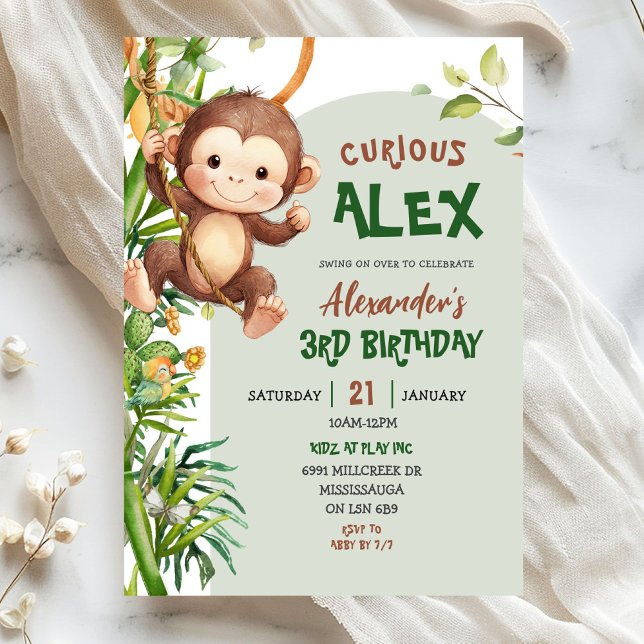 Invitation Anniversaire Thème Safari Singe Curieux Vert (Créateur téléchargé)
