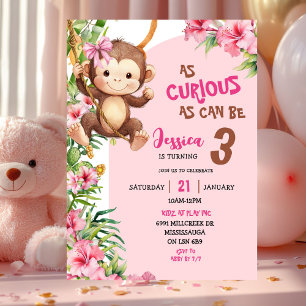 Invitation Anniversaire Thème Savannah Singe Curieux Rose