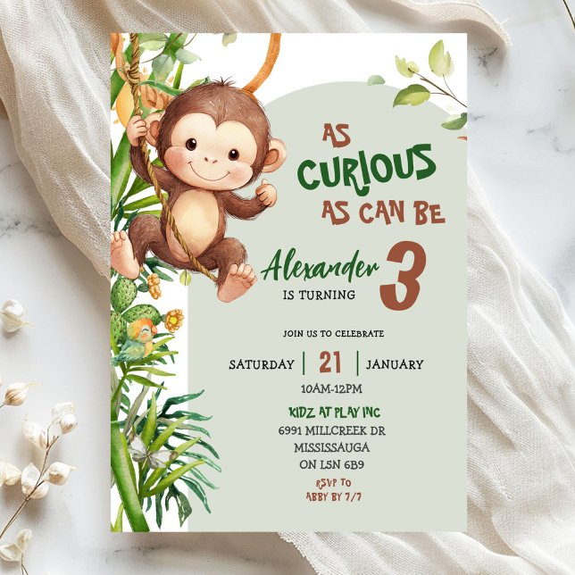 Invitation Anniversaire Thème Savannah Singe Curieux Vert (Créateur téléchargé)