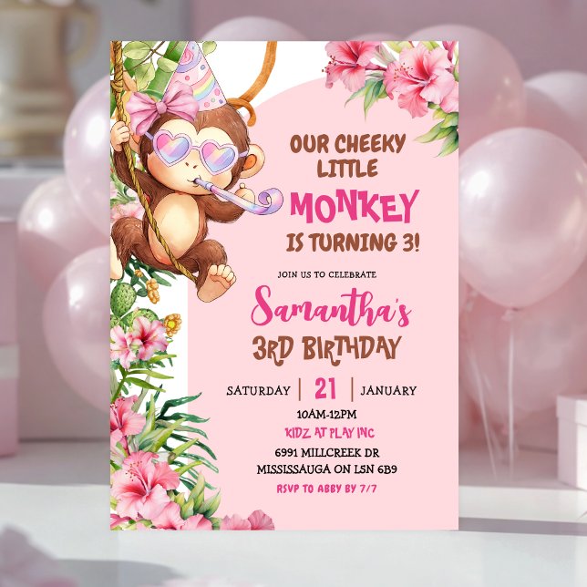 Invitation Anniversaire Thème Savannah Singe Mignon Rose (Créateur téléchargé)