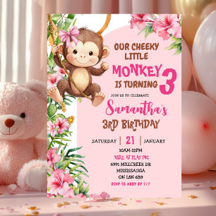 Invitation Anniversaire Thème Savannah Singe Mignon Rose