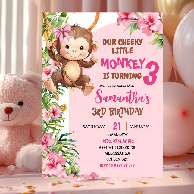 Invitation Anniversaire Thème Savannah Singe Mignon Rose (Créateur téléchargé)