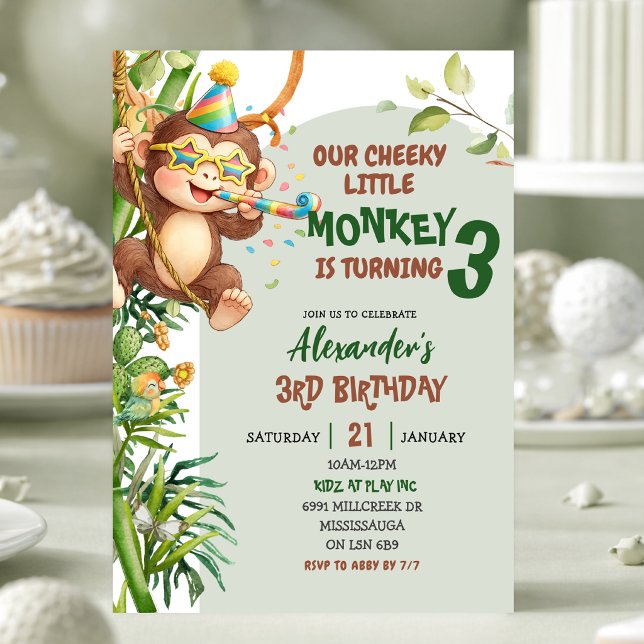 Invitation Anniversaire Thème Savannah Singe Mignon Vert (Créateur téléchargé)