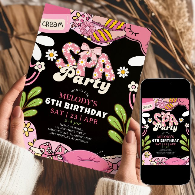 Invitation Anniversaire Thème Spa Fleur Retro Noir et Rose (Créateur téléchargé)