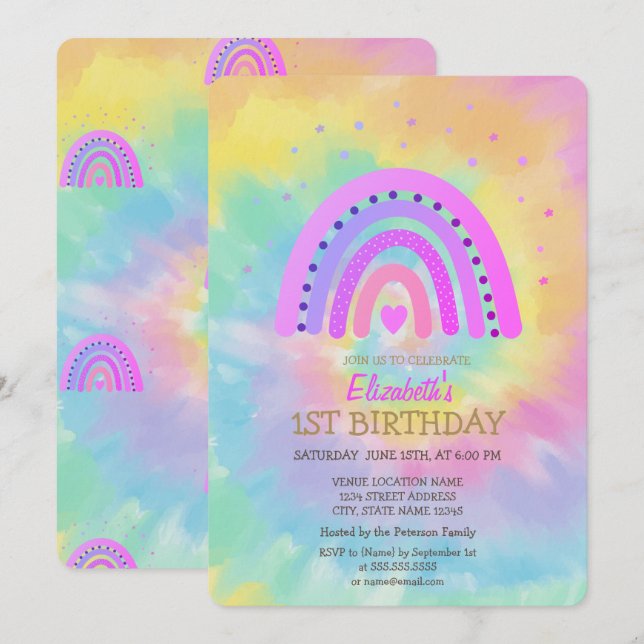 Invitation Anniversaire Tie Dye Arc-en-ciel Aquarelle Frais (Devant / Derrière)