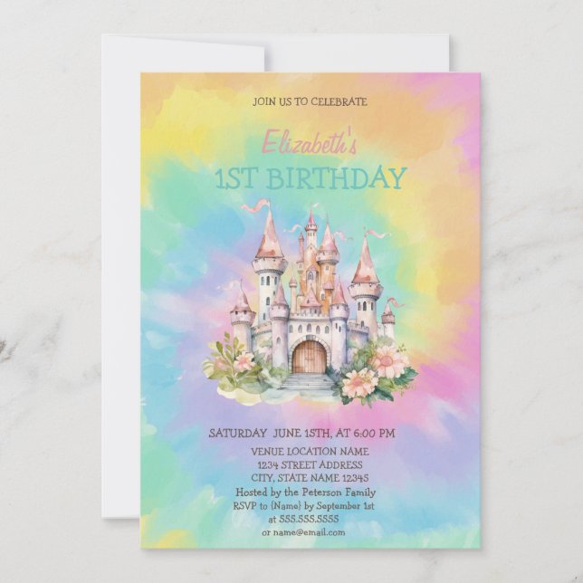 Invitation Anniversaire Tie Dye Château Floral Aqu (Devant)