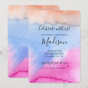 Invitation Anniversaire Tie dye Rose Bleu Pêche