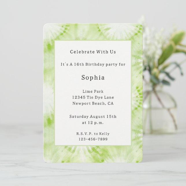 Invitation Anniversaire Tie Dye Vert Menthe Citron (Debout devant)