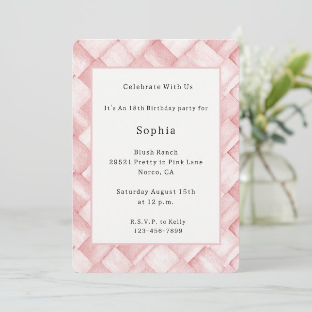 Invitation Anniversaire Tissage Panier Faux Rose (Debout devant)