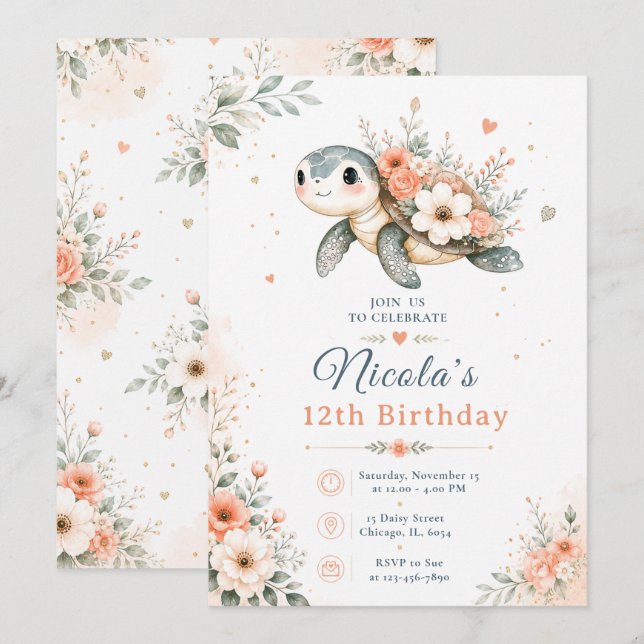 Invitation Anniversaire Tortue Florale (Devant / Derrière)