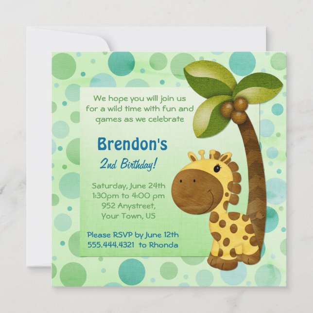 Invitation Anniversaire Tots Giraffe - Deuxième Anniversaire (Devant)