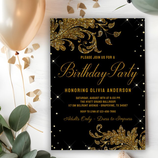 Invitation anniversaire tourbillon noir et or pour (Elegant black and gold any number birthday party invitation. Simply add your event details.)