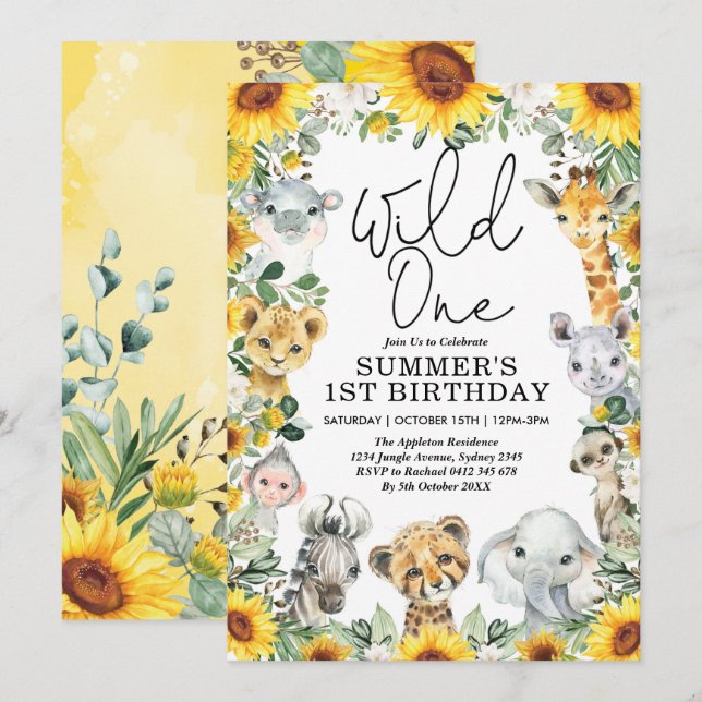 Invitation Anniversaire Tournesol Bébé Sauvage Safari Jungle  (Devant / Derrière)