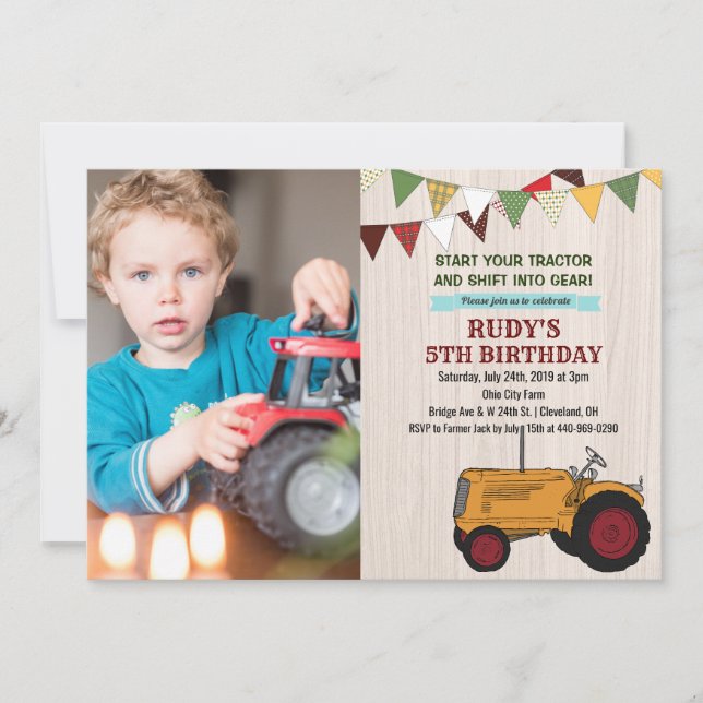 Invitation anniversaire tracteur pour tout âge (Devant)