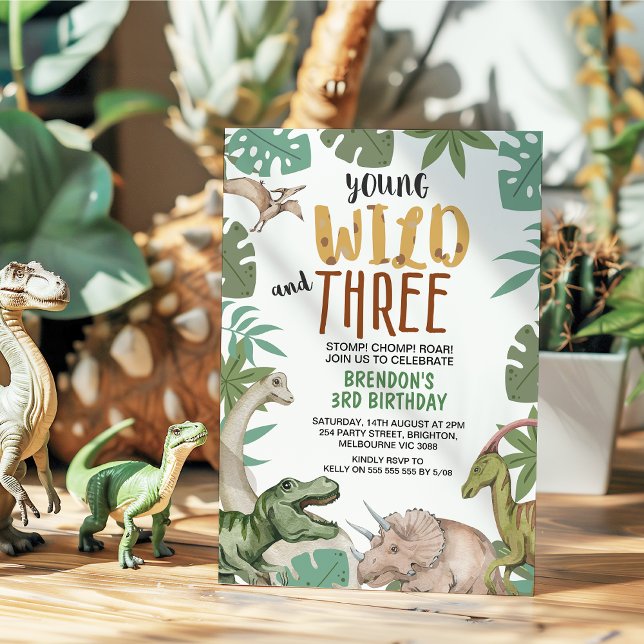 Invitation Anniversaire Trois 3ème Dinosaure Brun Vert Jeune  (Dinosaur Young Wild and Three Birthday Invitation, Dinosaurs 3rd Birthday Invitation, Young Wild 3)