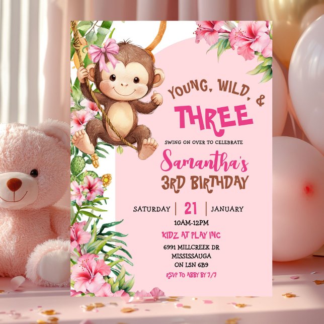 Invitation Anniversaire Trois Ans Singe Rose Jeune Sauvage (Créateur téléchargé)