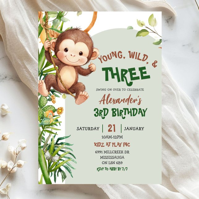 Invitation Anniversaire Trois Ans Singe Vert Jeune Sauvage (Créateur téléchargé)