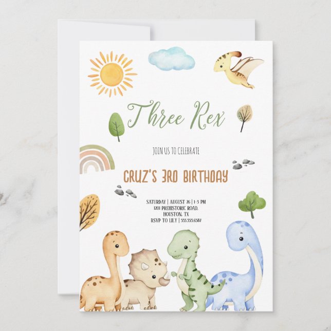 Invitation Anniversaire Trois Dinosaure Brun Et Vert Rex 3ème (Devant)