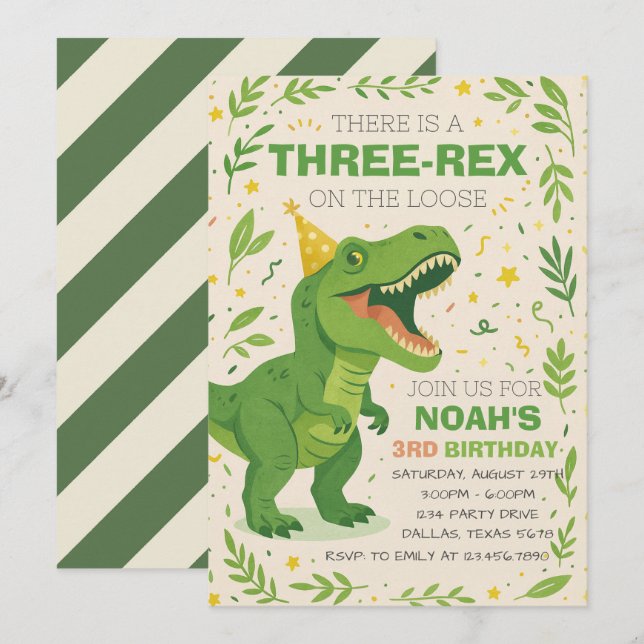Invitation Anniversaire Trois-Rex Dinosaure Garçon (Devant / Derrière)